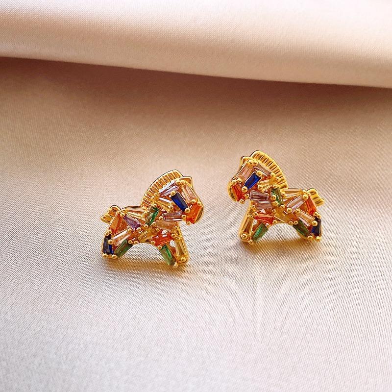 Real gold electroplated silver needle zircon pony stud earrings natal year design sense niche earrings light luxury high sense earrings women