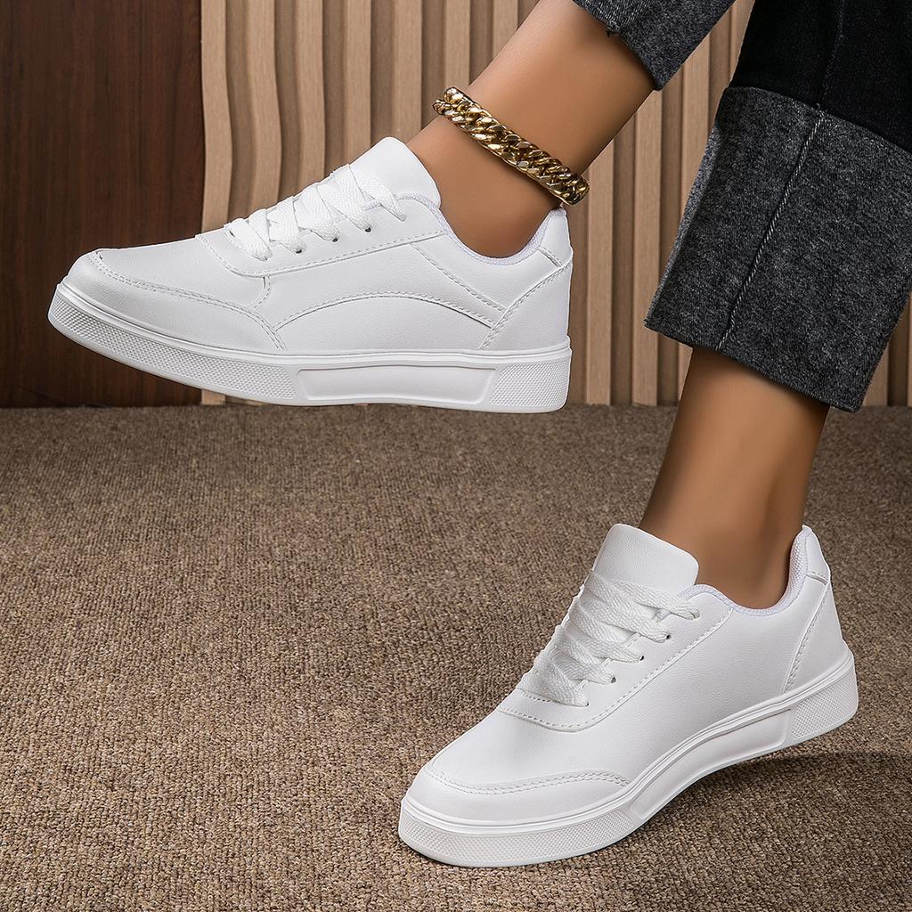2025 Women's Shoes Trendy Faux Leather Flat Heighten Skate Shoes, Wear Resistance Non Slip Lace Up Sneakers