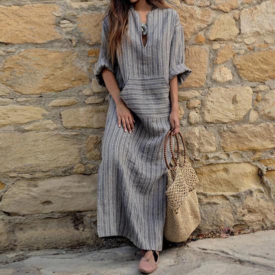 

Женское летнее платье в полоску с принтом, v-образным вырезом и длинным рукавом, свободный пуловер с накладными карманами, длиной до щиколотки, повседневная повседневная одежда, платье макси M зелёный