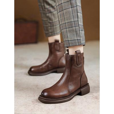 Winter New Soft Soled British Style Boots Retro Boots for Women with Plush and Thick Soft Leather Brown Leather