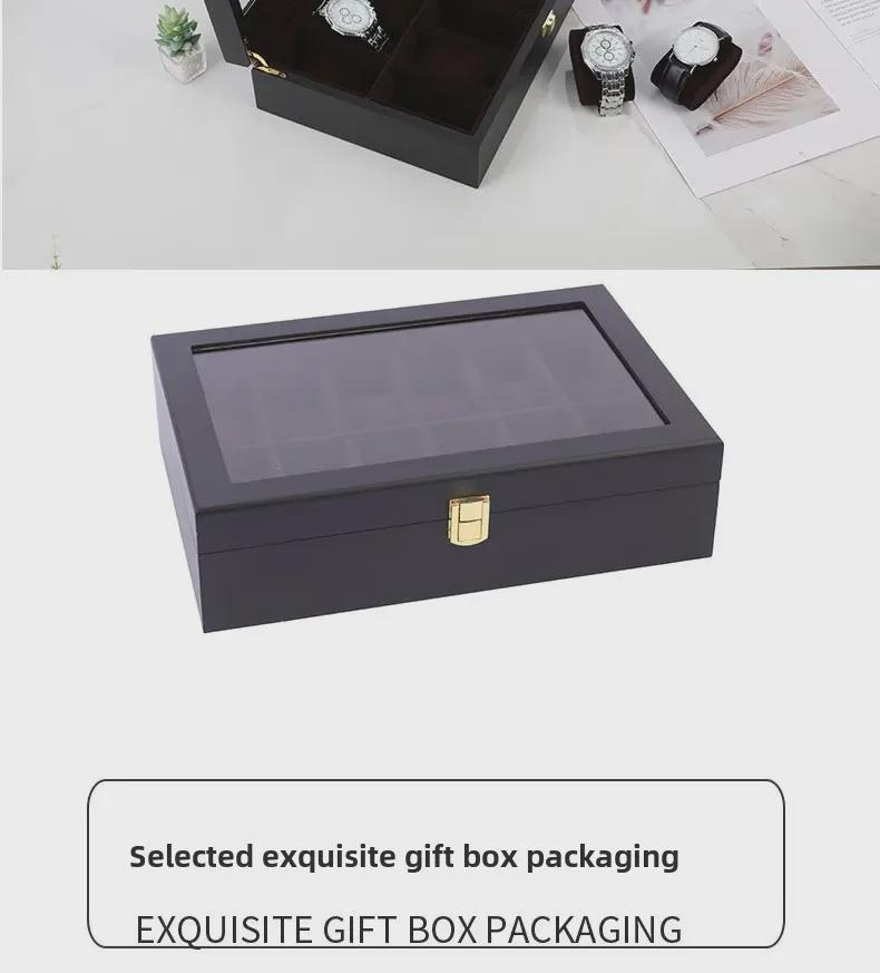 Luxusní dřevěná krabička na hodinky v evropském stylu s průhledným odklápěcím víkem a přezkou, červený 12místný displej