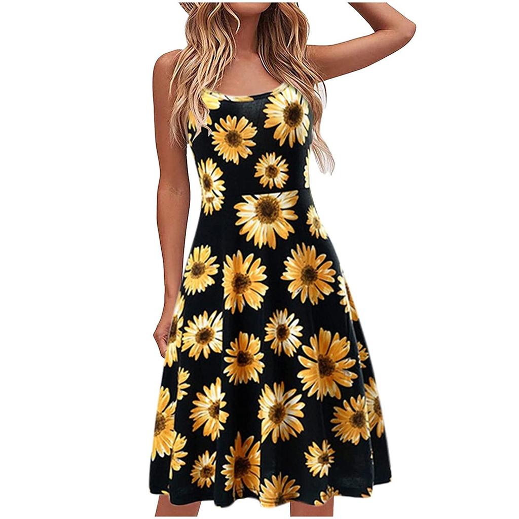 Fashion Womens Casual Loose Print Splicing Backless Sling Sleeveless Dress