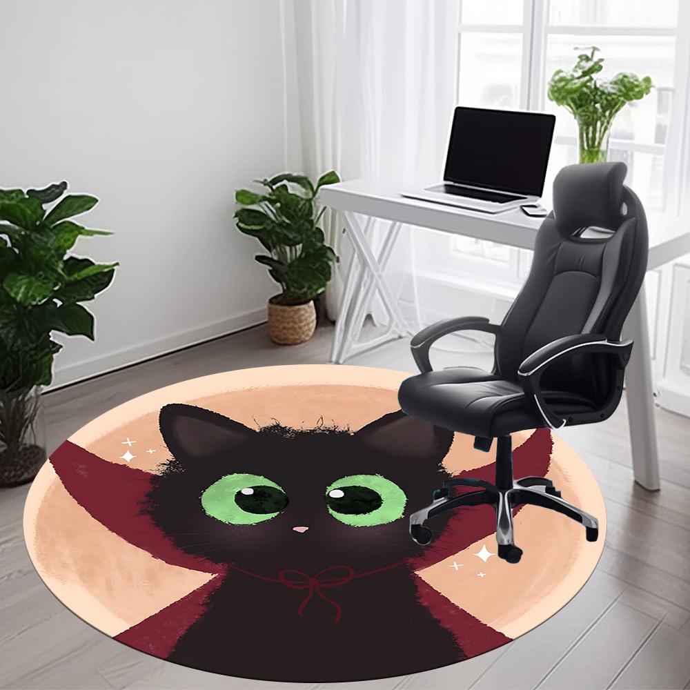 1PC Black Cat Office Round Area Rug,  Mat Suitable ForOffice, Under Office Chairs Bedroom Living Room Home Decor, Room Deco
