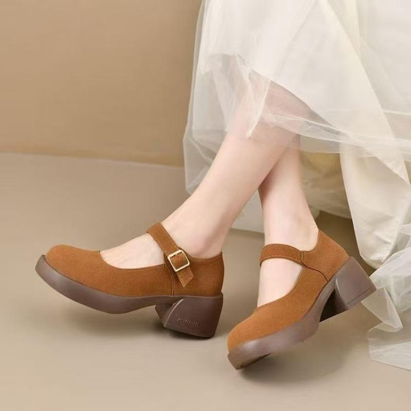 Retro Chunky Heel Women's Soft-soled Anti-slip Thick Sole Breathable Round-toe Versatile Shoes