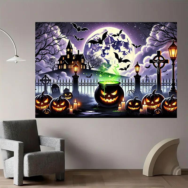 Scary Halloween Background Featuring Pumpkin Lanterns Full Moon and Haunted House - Polyester Wall flags.PMJ