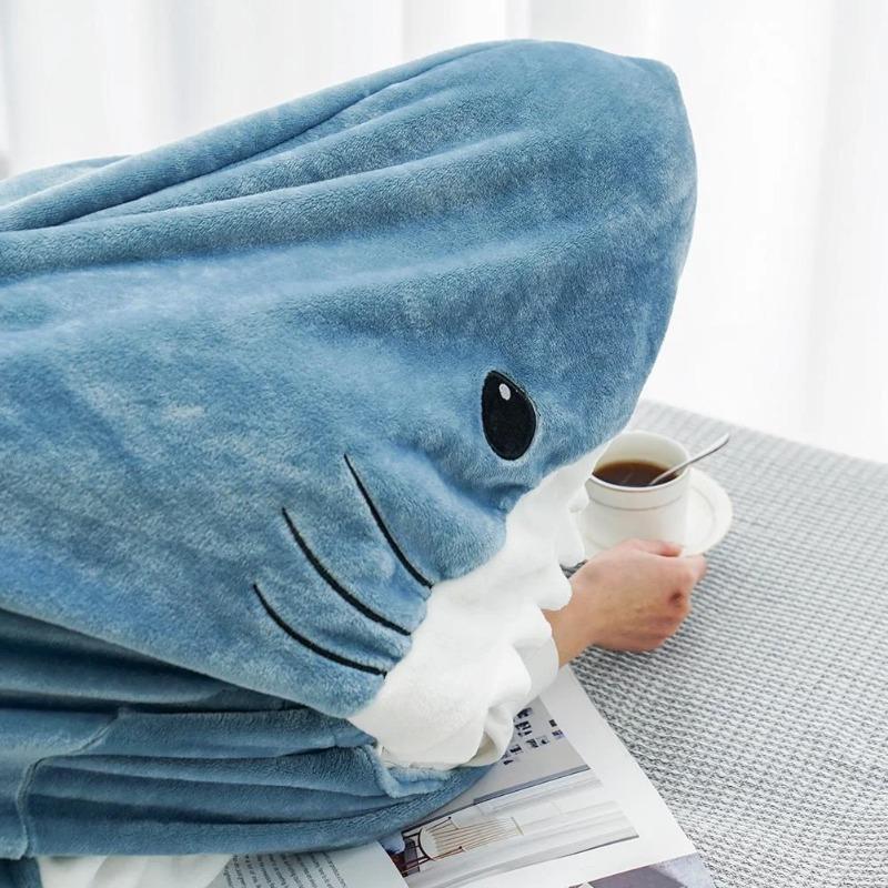 Cartoon Shark Blanket Plaid Gown Sleeping Bag Women Pajamas Adult Blanket Flannel Shark Nightrobe Comfy Bathrobe Homewear Gift