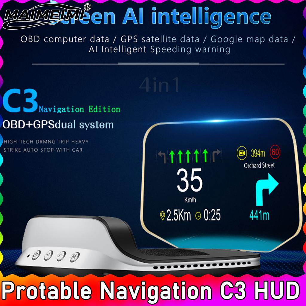 C3 Navigation HUD Speedometer Mirror OBD2+GPS Dual Mode OBD2 Head Up Display GPS HUD Digital MPH KMH Water&Oil Temp RPM Voltage