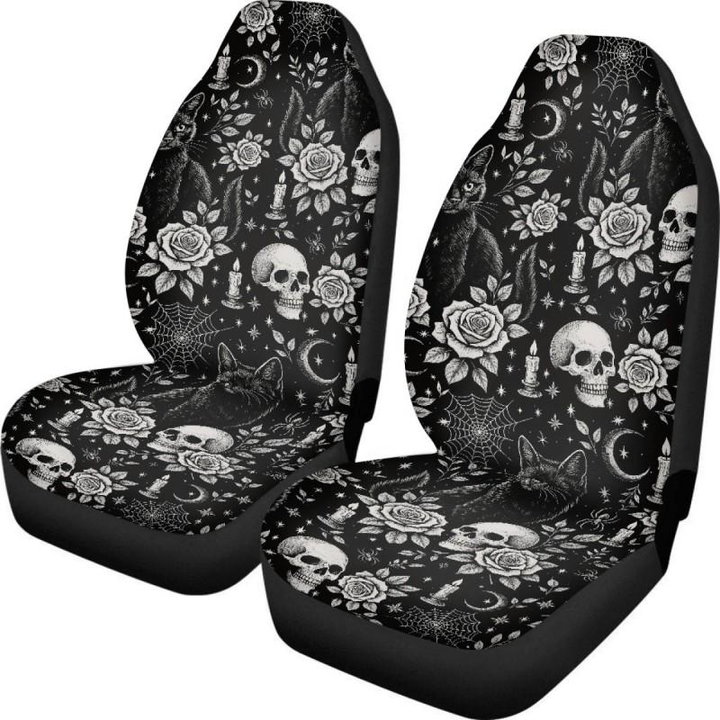 Set di 2 Coprisedili per Auto Teschio di Halloween Lavabili Vestibilità Universale Protezione Interni Auto