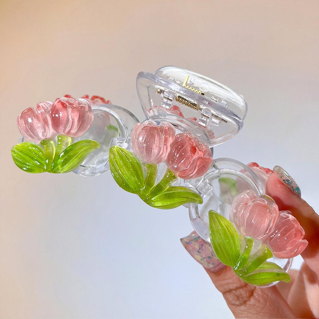 1pc Cute Tulip Flower Hair Grip Clip On the Back of the Head, Sweet Shark Clip Peach Blossom Pink Half Hair Clip