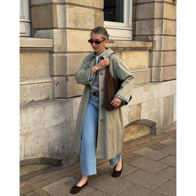 Women's Khaki Long Trench Coat with Plaid Cuff Loose Casual Outerwear Mid-length Coat
