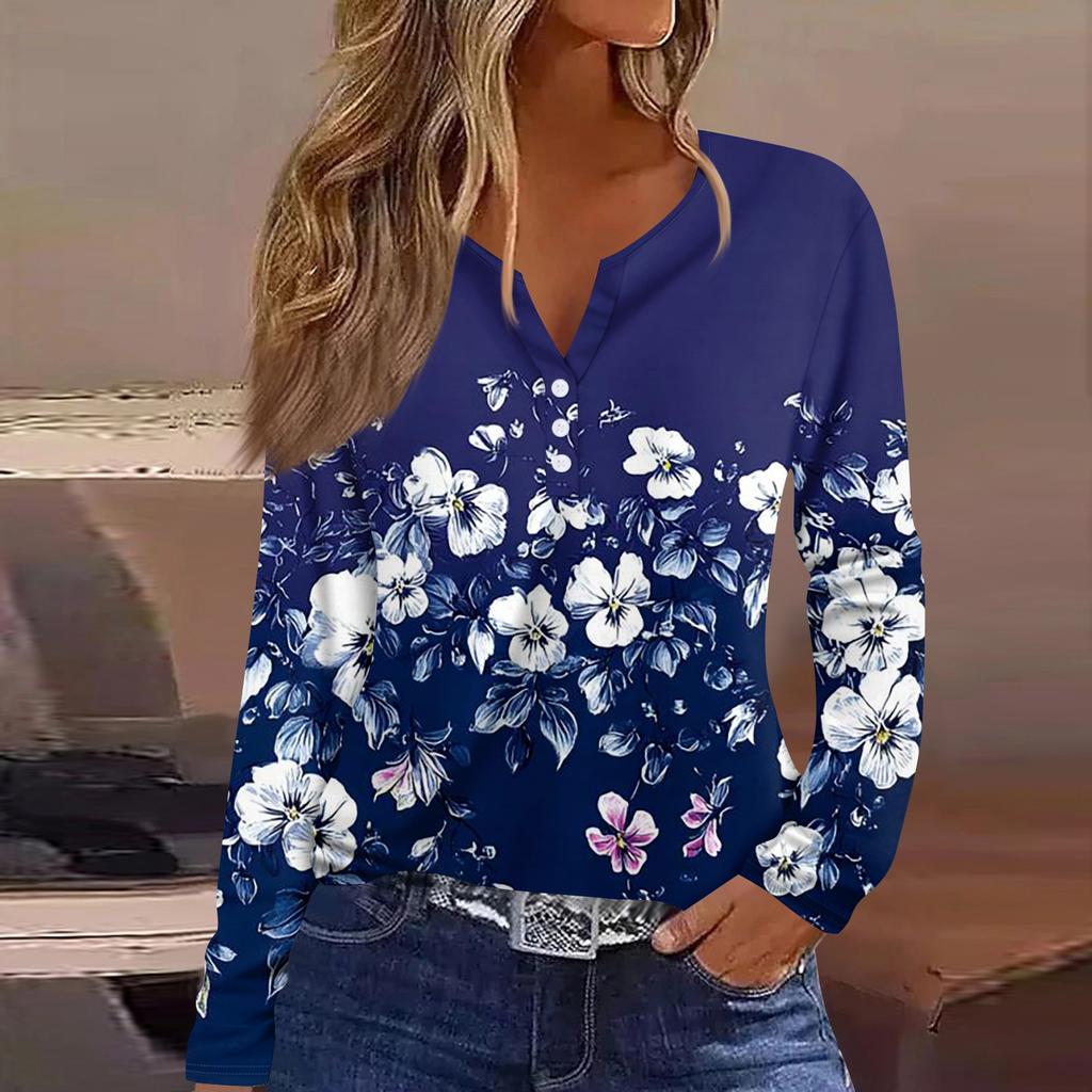 Dámská móda Ležérní květinový potisk Tričko s dlouhým rukávem, výstřihem do V, knoflíčkem, Top s dlouhým rukávem