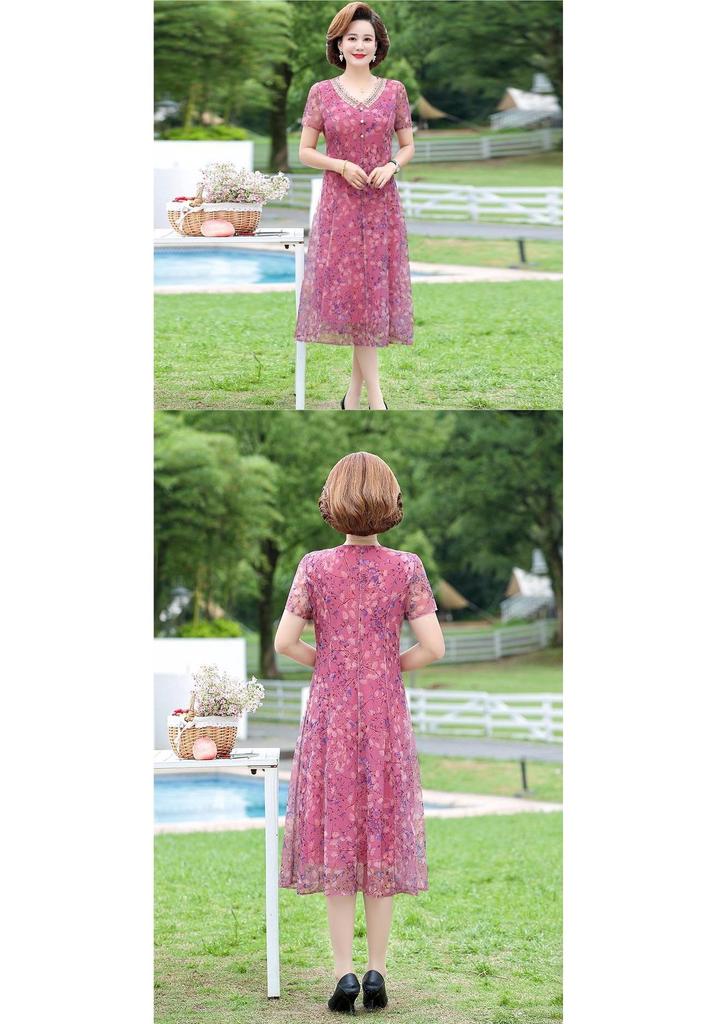 Elegant Summer Floral Dress for Middle-aged Women - Chinese National Style, Short Sleeve Maxi