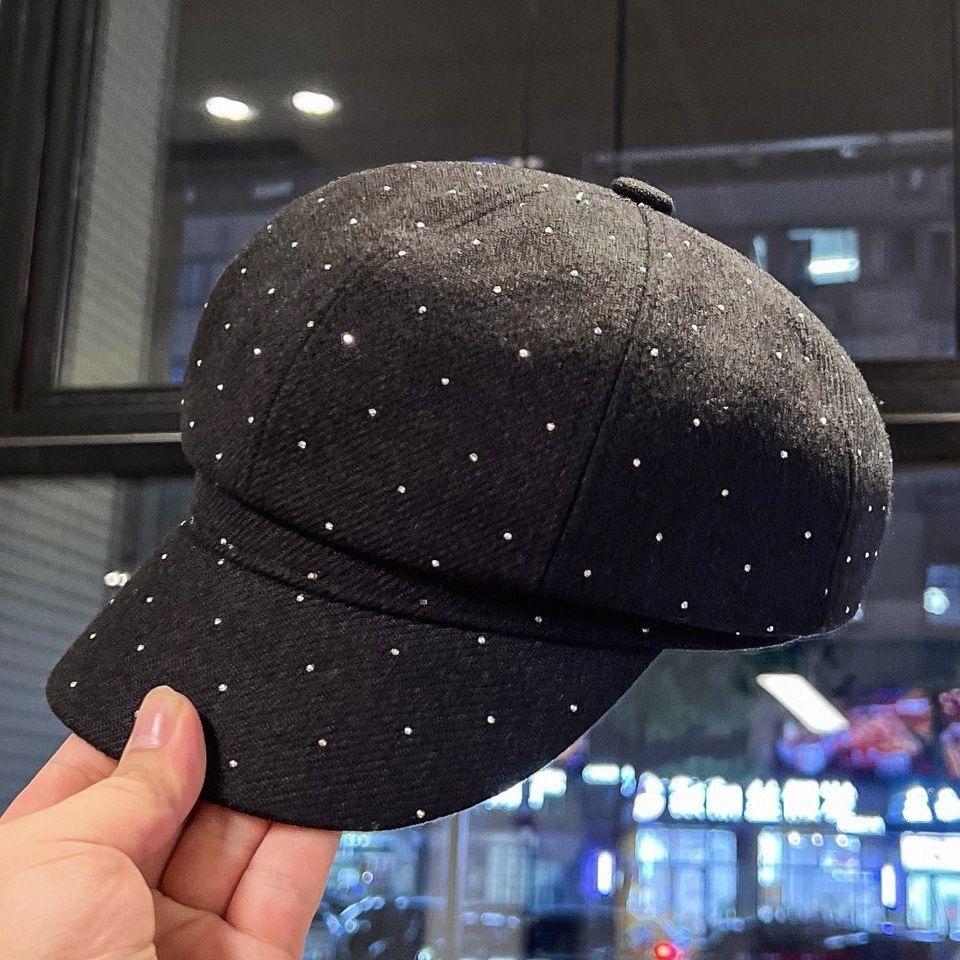 Retro Versatile Duck Tongue Beret Painter Heavy Industry Rhinestone New Octagonal Hat Children Show Elegant Temperament