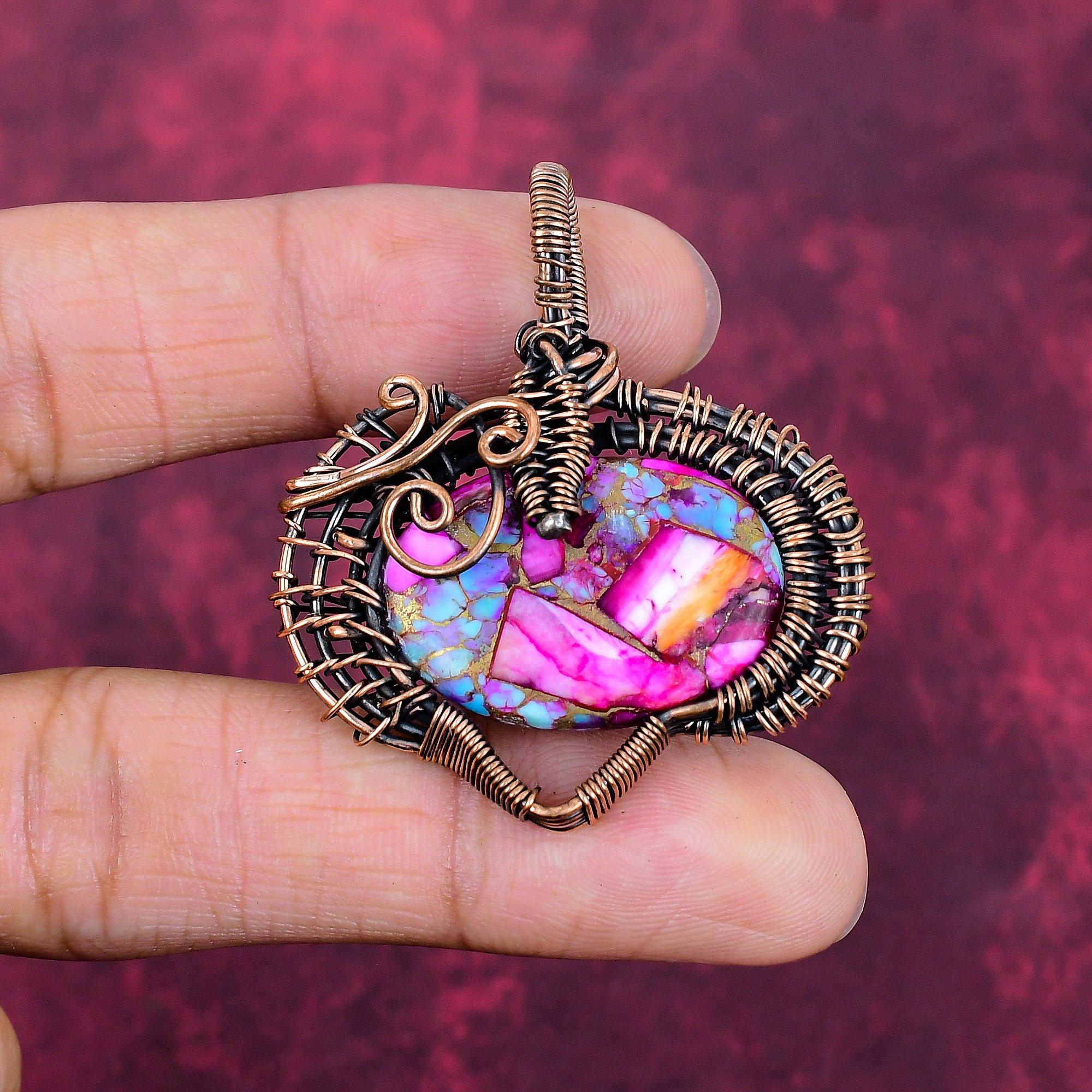 Natural Kingman Pink Dahlia Turquoise Pendant Copper Wire Wrapped Unique Jewelry