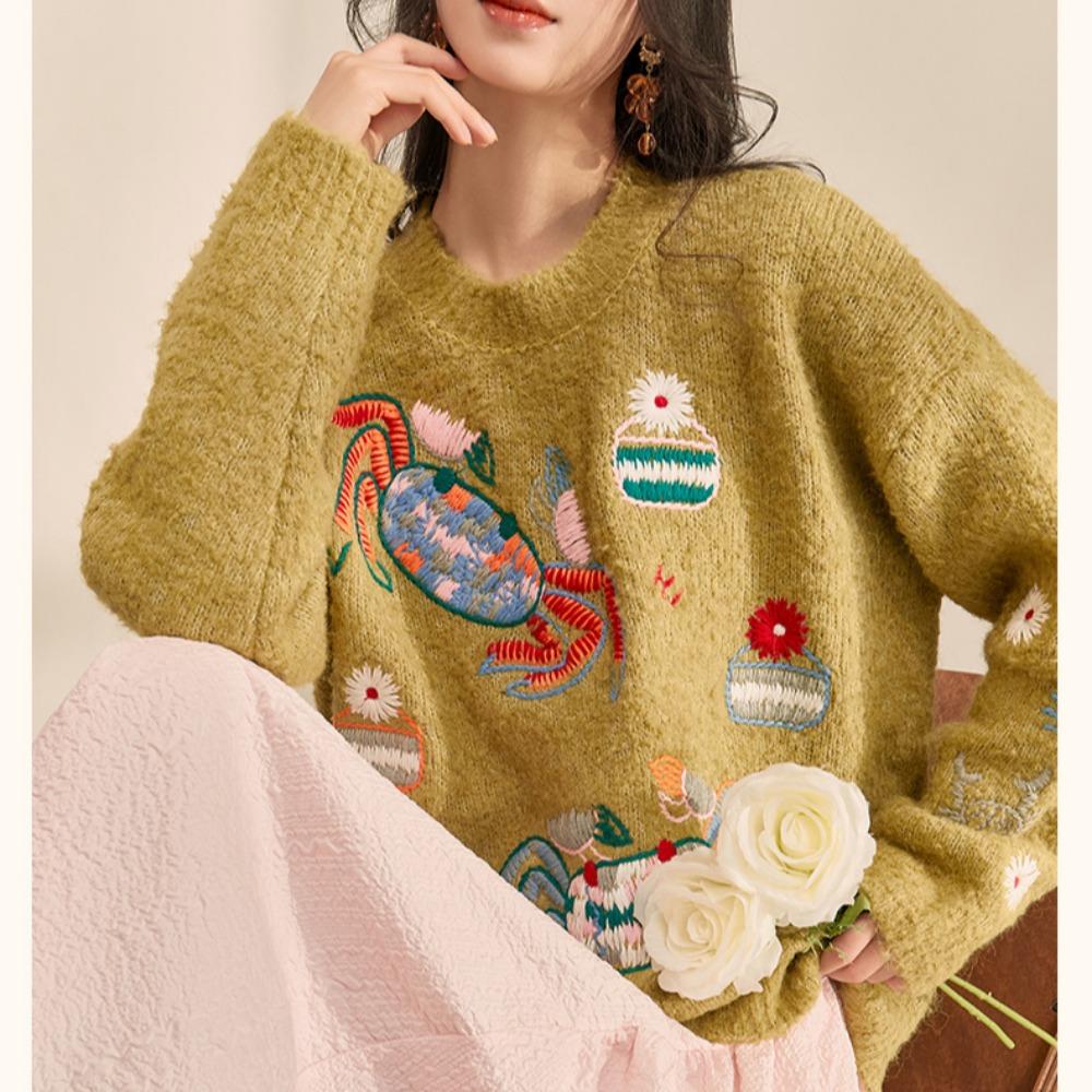 Dimanaf 2025 Women Autumn Embroidery Sweater Design Basic New Fashion Tops Tees Casual Loose Tees