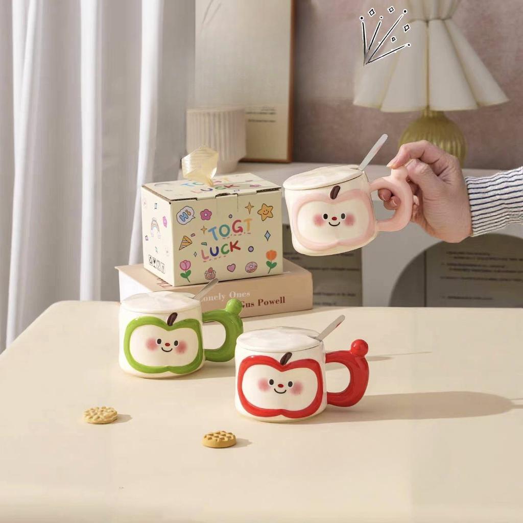 Creative Cute Apple Water Cup High Value Ceramic Mug with Lid Spoon Practical Souvenir Gift Box