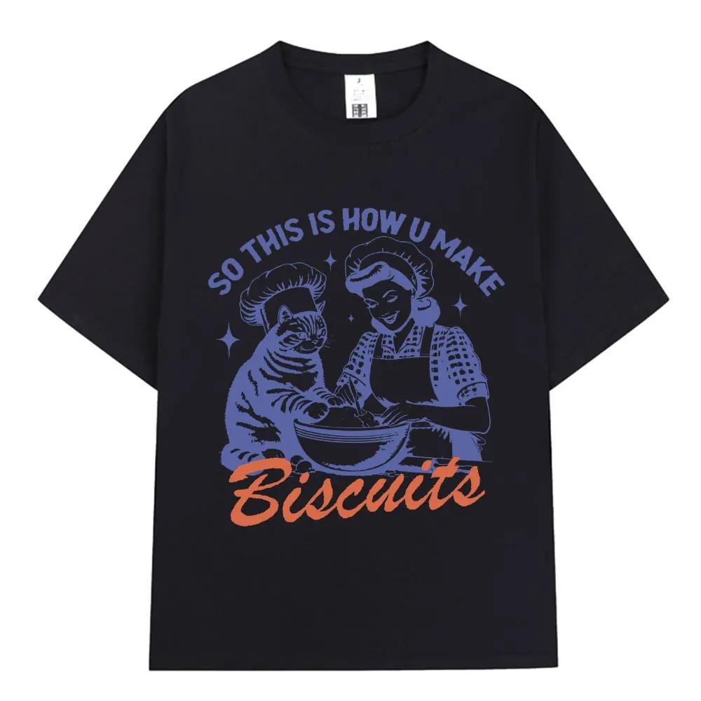 2025 Summer new Funny Cat Baking Stem Printed T-shirt 100% cotton casual loose oversized short sleeve men's T-shirt