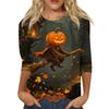 Women's Halloween Print Three-Quarter Sleeve Round Neck Casual T-Shirt Top