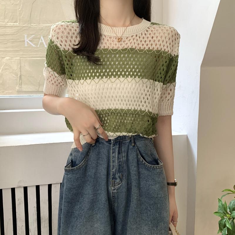 

Ретро полосатая вязаная блузка с короткими рукавами и короткими рукавами, женский свитер с круглым вырезом, женская модная одежда onesize