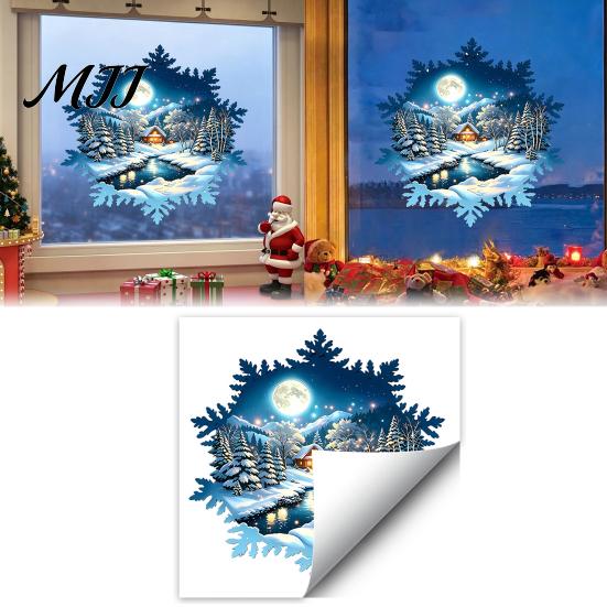 Transparent PVC Festive Decor Snowy House Window Cling, Static Sticker with Moonlit Forest Scene and Easy to Remove Glass Art Large Snowflake