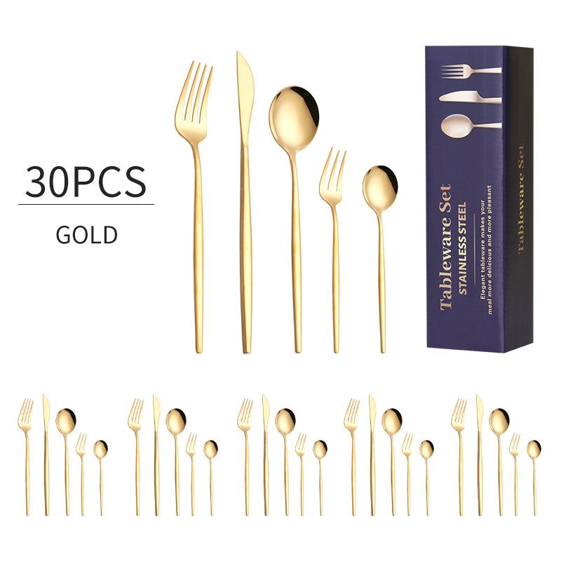 30pcs Gold Western Dinnerware Set Stainless Steel Cutlery Set Fork Knife Spoon Tableware Set Flatware Set Silverware Set