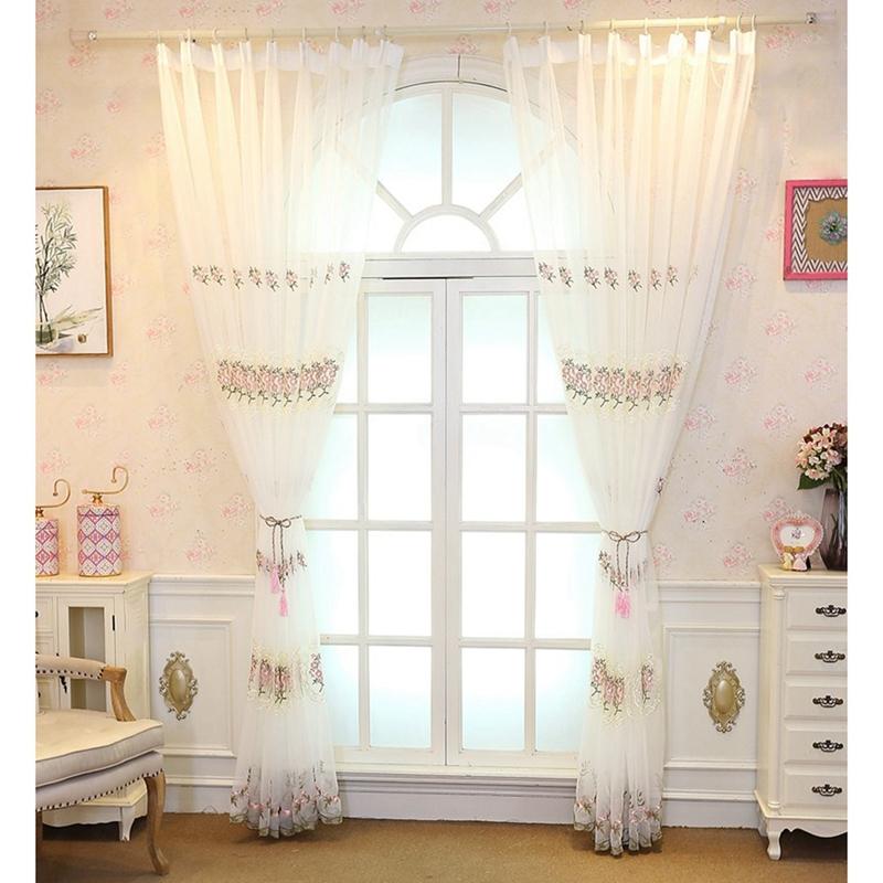 Embroidery Sheer Curtains Floral Drapes Window Treatment Curtain Panels For Living Room