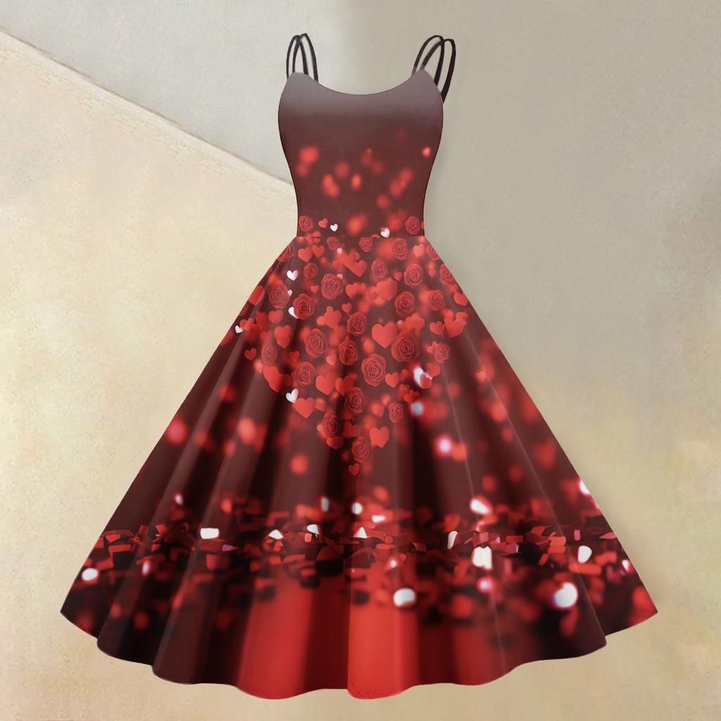 Women's Valentine's Day Love Heart Print Sexy Off Shoulder Vintage Dress