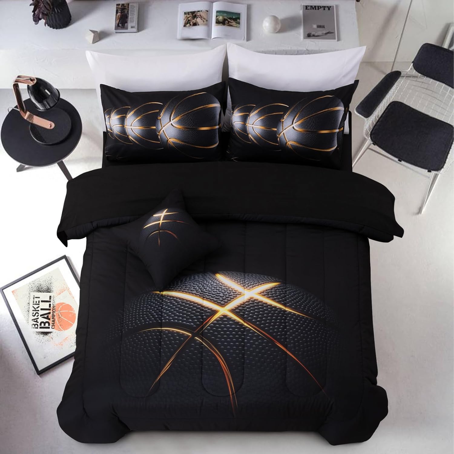 

A Nice Full Comforter Set 3Pcs Bedding Set,3D Phnom Penh Black Basketball Printing Bedding Set,Full 1duvet Cover+2pillowcases EU Twin(135x200cm)