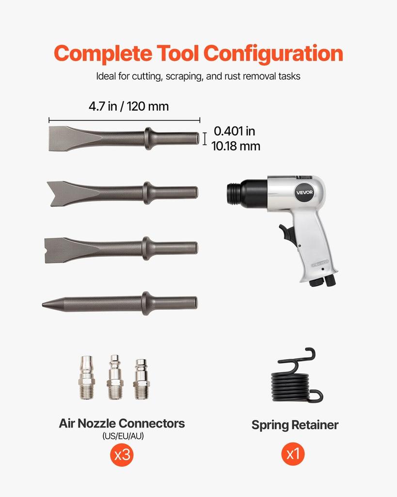 Air Hammer, 4500BPM Pneumatic Hammer with Rust Removal Air Needle Scaler & 4PCS Chisels Round Shank, Lightweight & Compact Air Chisel Pneumatic Shovel