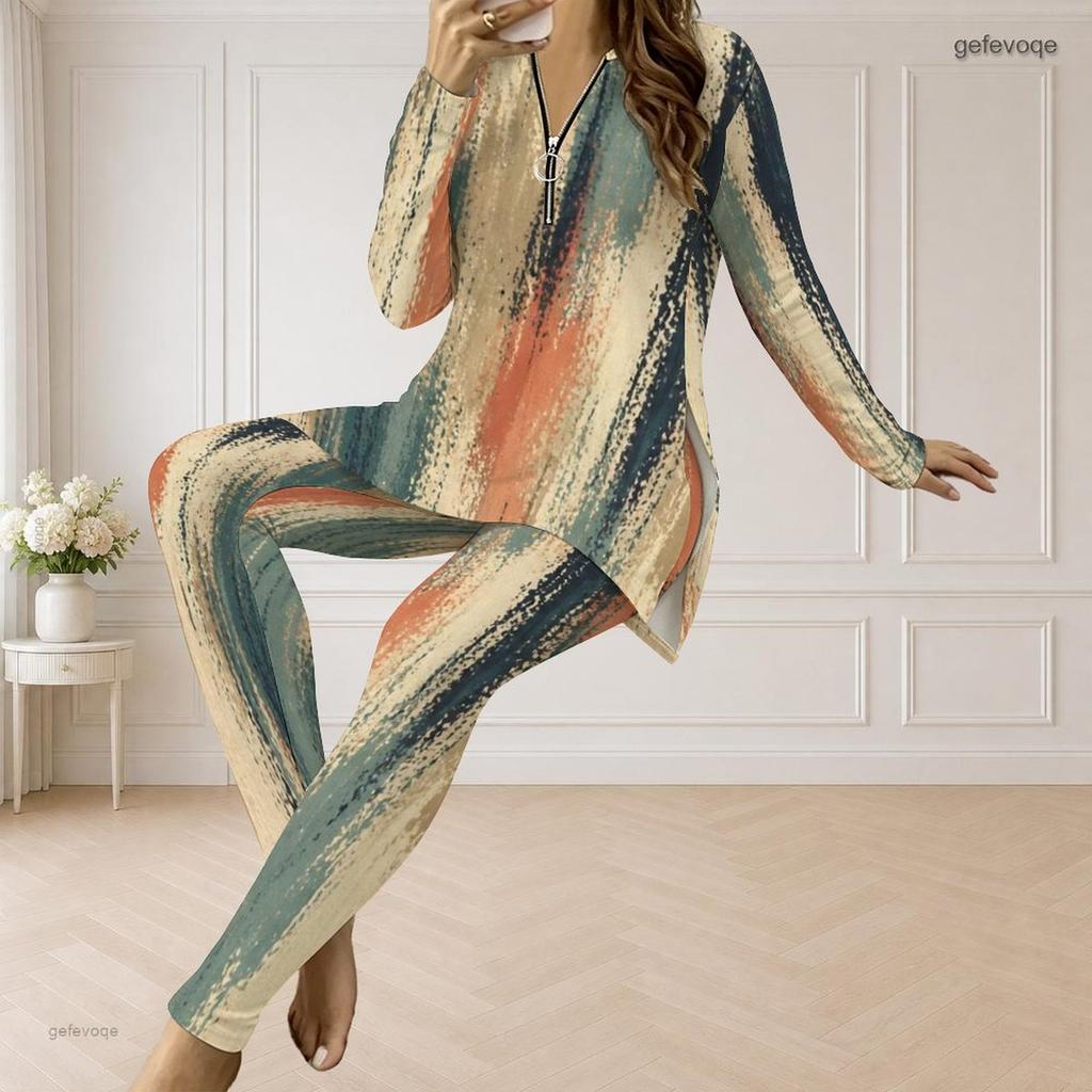 Women Plus Size Half Zip V Neck Long Sleeve Blue Green Printed Two Piece Set Long Top And Fitted Pants