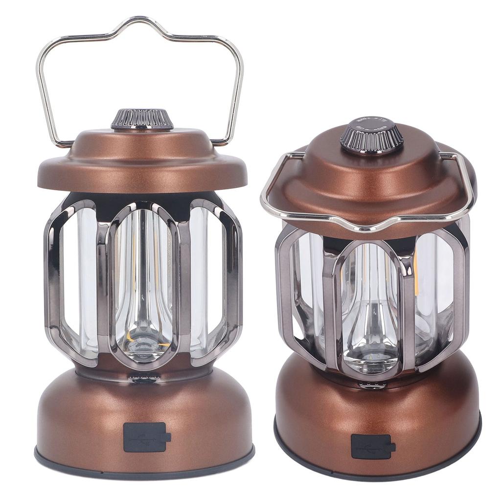 Retro Camping Lantern Vintage Camping Lamp Type C Rechargeable 3 Modes Dimmable with Hook Waterproof LED Tent Lamp for Garden Brown