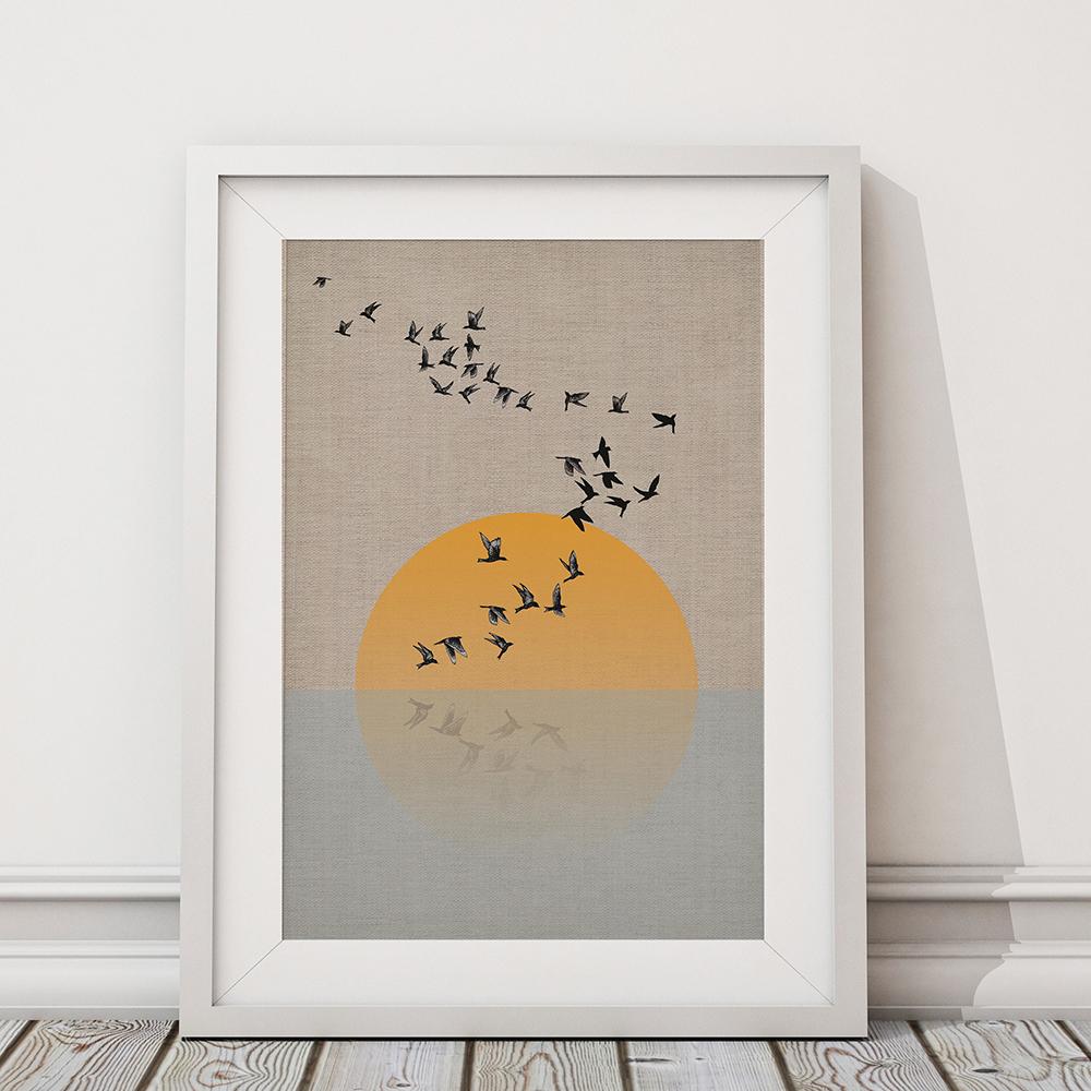 Sonnenuntergang Landschaft Nordisches Poster Wandkunst Drucke Sonne Vogel Leinwand Bild Gemälde für Wohnzimmer Innendekoration Ohne Rahmen
