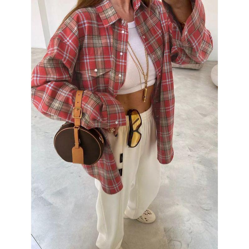 European and American Retro Plaid Lapel Long sleeve Loose Shirts Plaid Lapel Loose Fitting Shirt