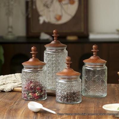 Glass Storage Jar with French Walnut Lid - Retro Design for Tea, Candy & Snacks.