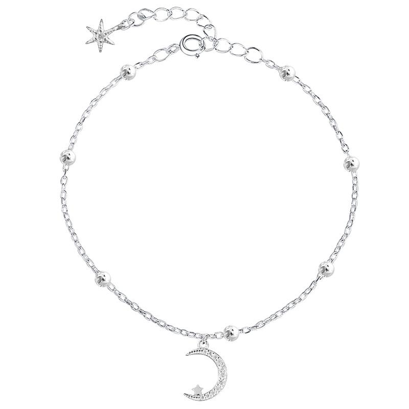 Pulseira de prata esterlina S925, pequena pulseira fresca para mulheres, linda pulseira de lua crescente brilhante, pulseira redonda de contas de estrela e lua