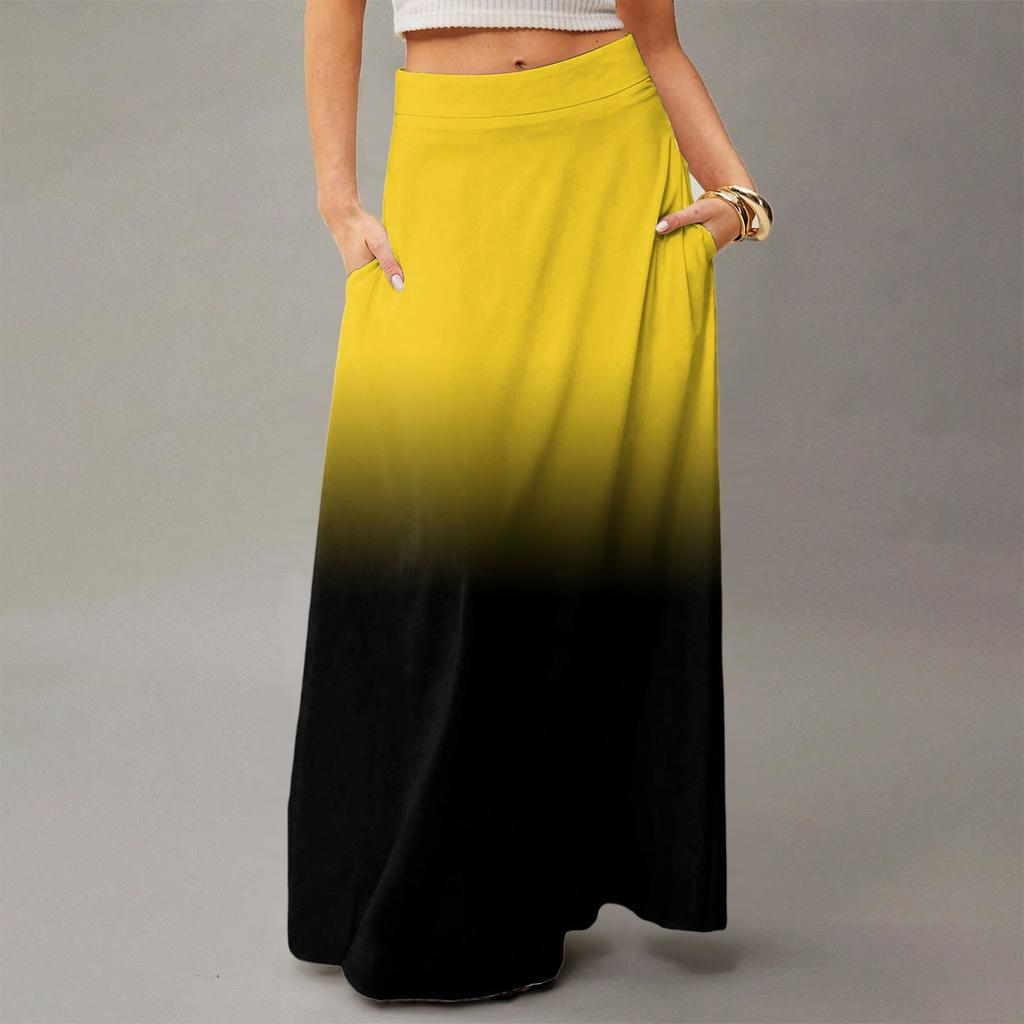 Women's Casual Leisure Foldable Gradient Print High Waist With Pocket Draped  Relaxed Long Maxi Skirt