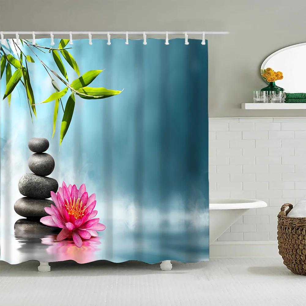 Zen Garden Shower Curtain Spa Green Bamboo Black Stone White Flower Bathroom Decor Supplies Bath Curtains Sets Polyester Fabric