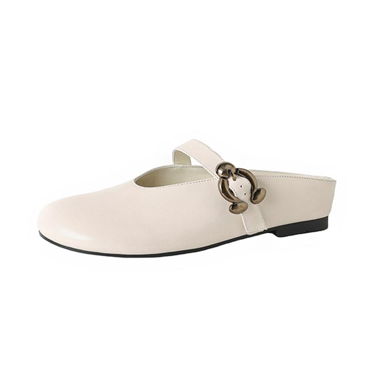 Fashion New women's genuine leather, cowhide, metal belt buckle with increased height inside, middle heel and toe cover, Mueller slipper