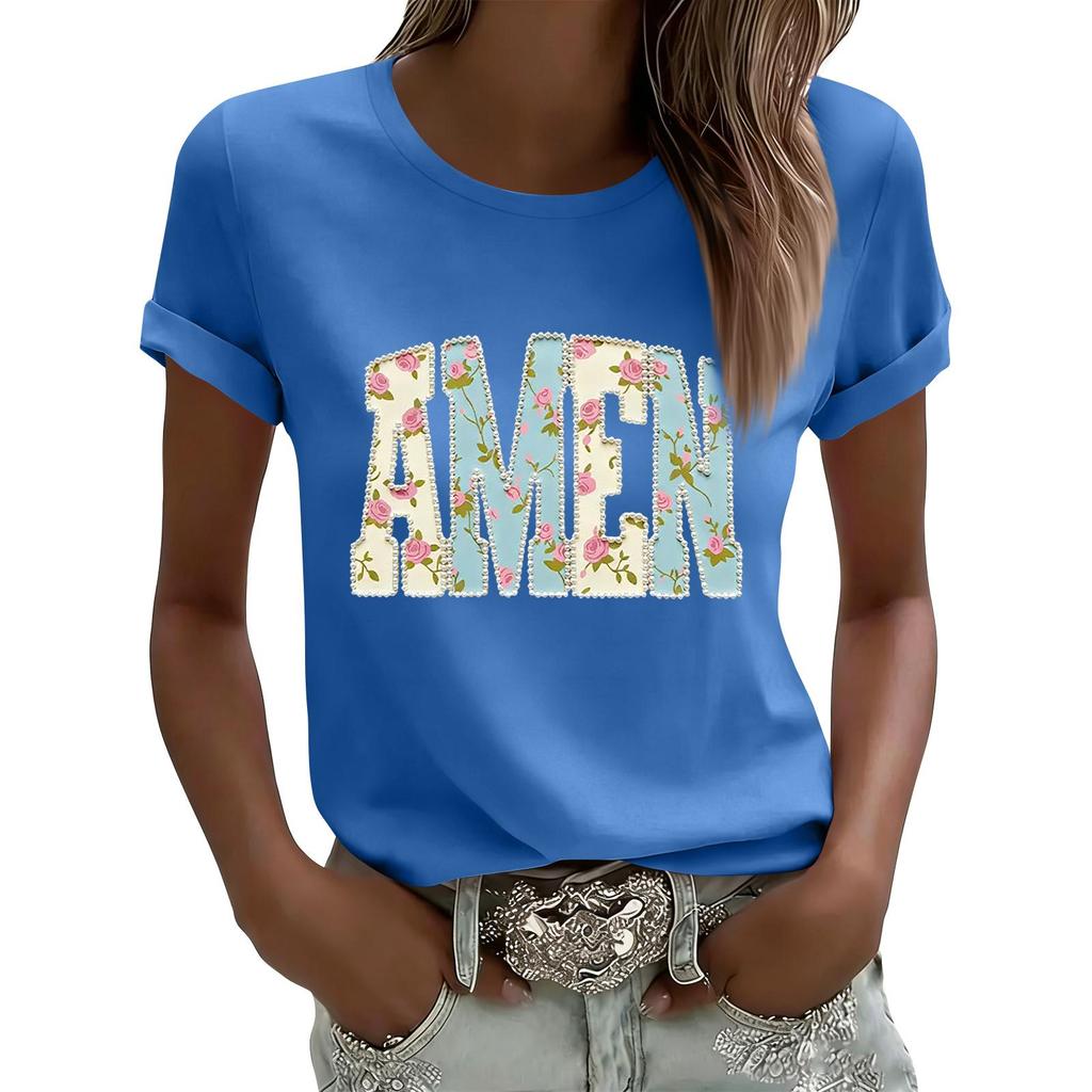 Women's Casual Printed T-Shirt Round Neck Pullover Short Sleeve Top