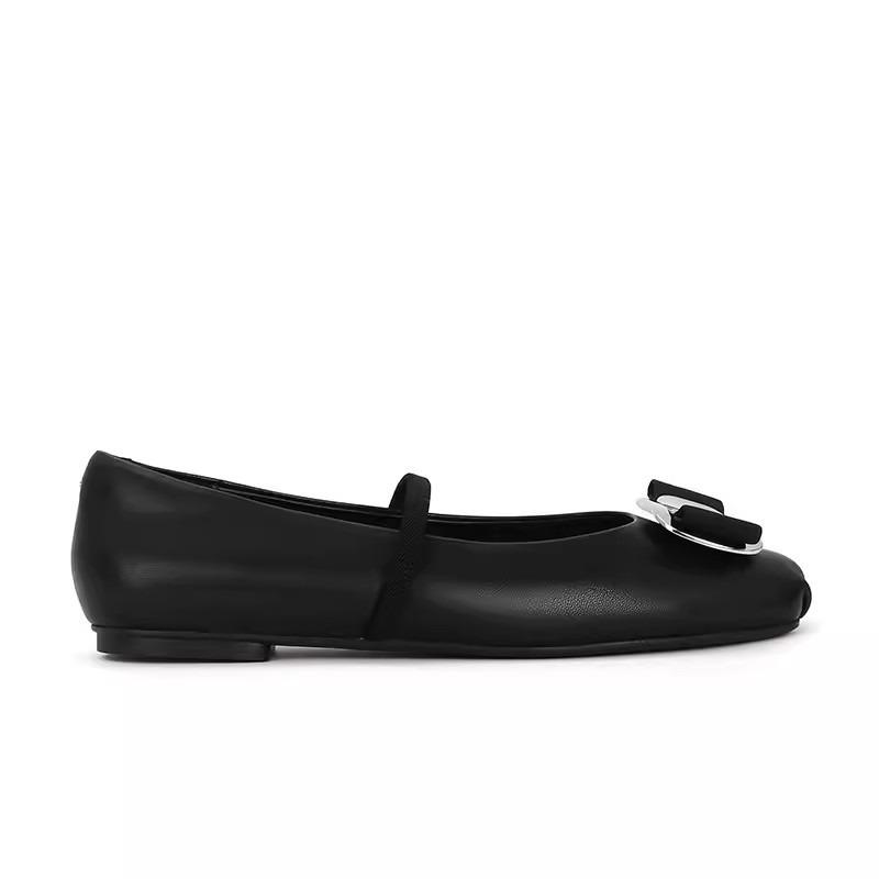 Cowhide version square head leather light mouth metal bow Mary Jane shoes women's flat ballet shoes