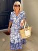 Plus Size V-Neck Floral Beach Dress - Loose, Versatile, Long Dress for Vacation