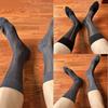 Mens Thin Dress Socks Silk Sheer Business Socks Contrast Color Ribbed Striped Pattern Middle Calf Socks for Formal Event