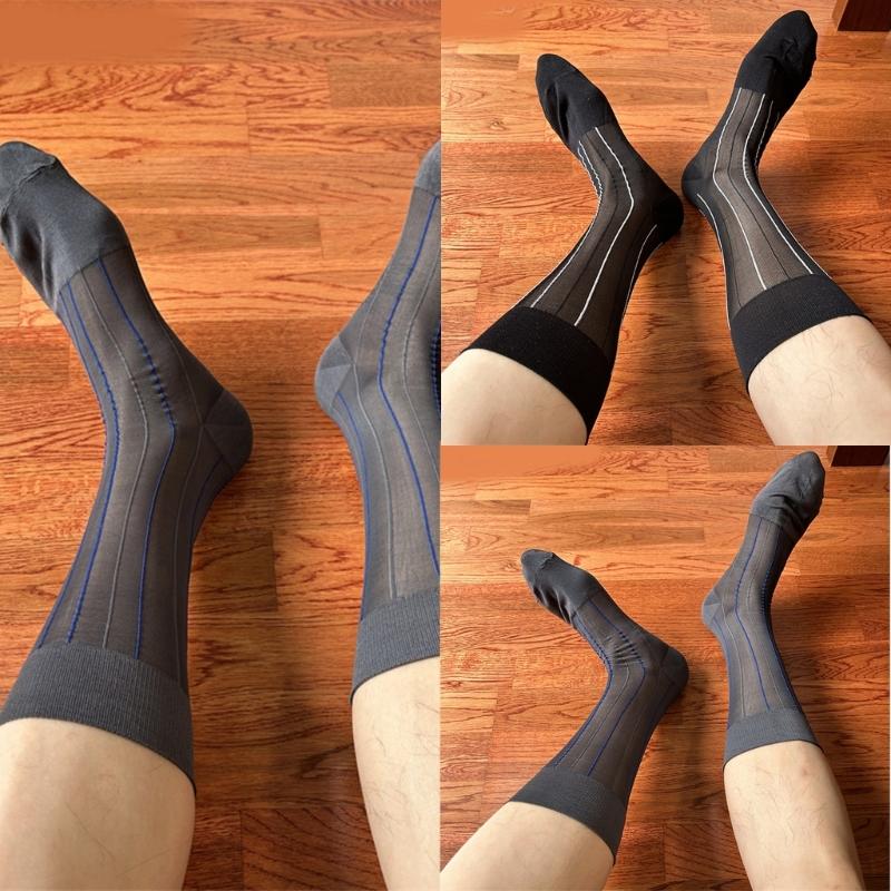 Mens Thin Dress Socks Silk Sheer Business Socks Contrast Color Ribbed Striped Pattern Middle Calf Socks for Formal Event