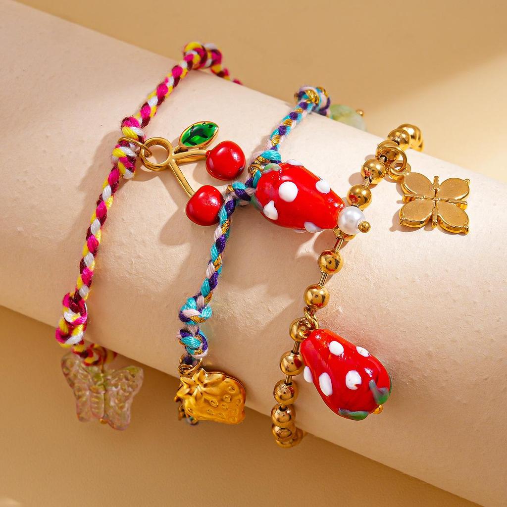 Stainless Steel Cherry & Butterfly Tassel Bracelet - Fashionable, Sweet, and Unique Design