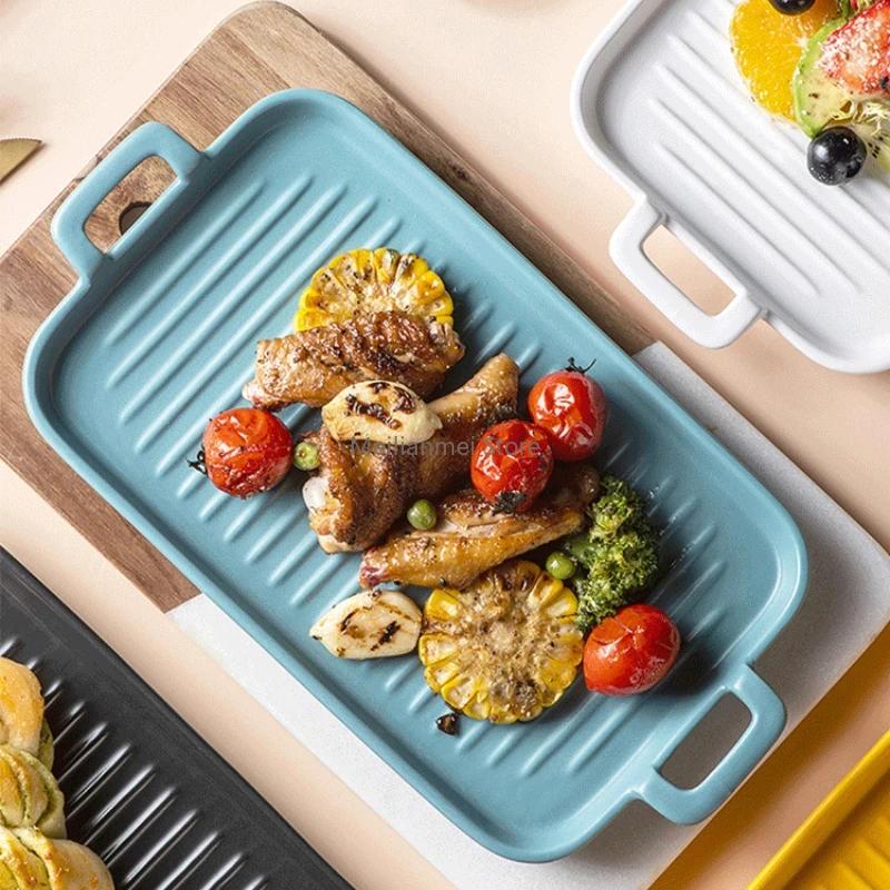 Rectangular Double Ear Oven Grill Plate Large Ceramic Household Fish Plate Grill Plates Household Vegetable Ceramic Plates
