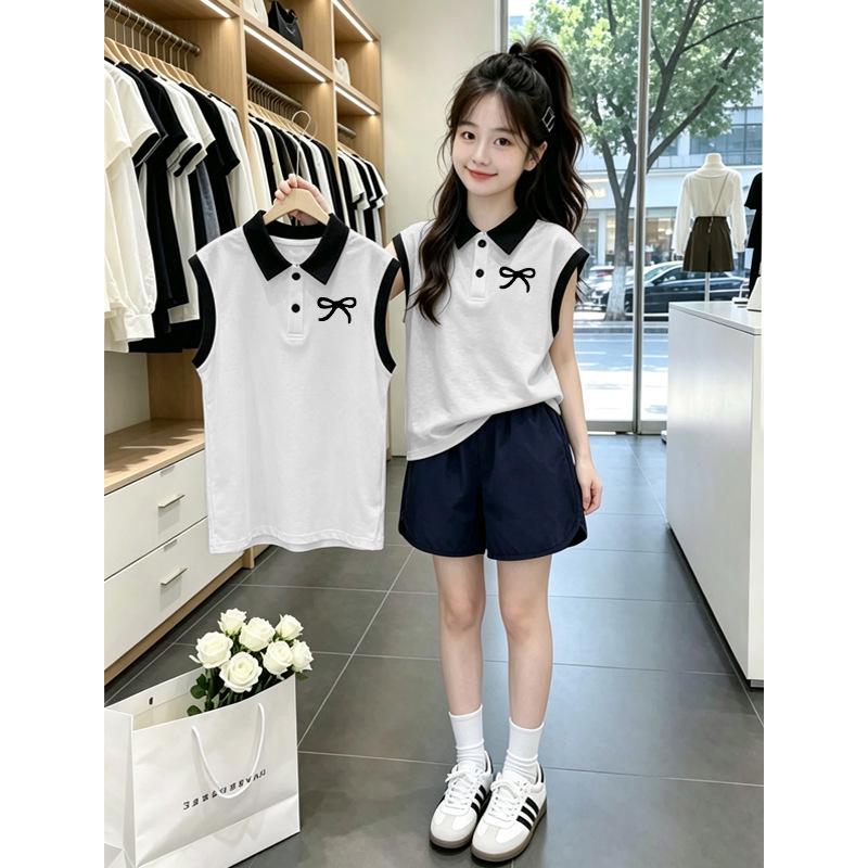 Girls' Stylish Cotton Polo Vest Set - Casual Summer Patchwork Sleeveless Top Two-Piece