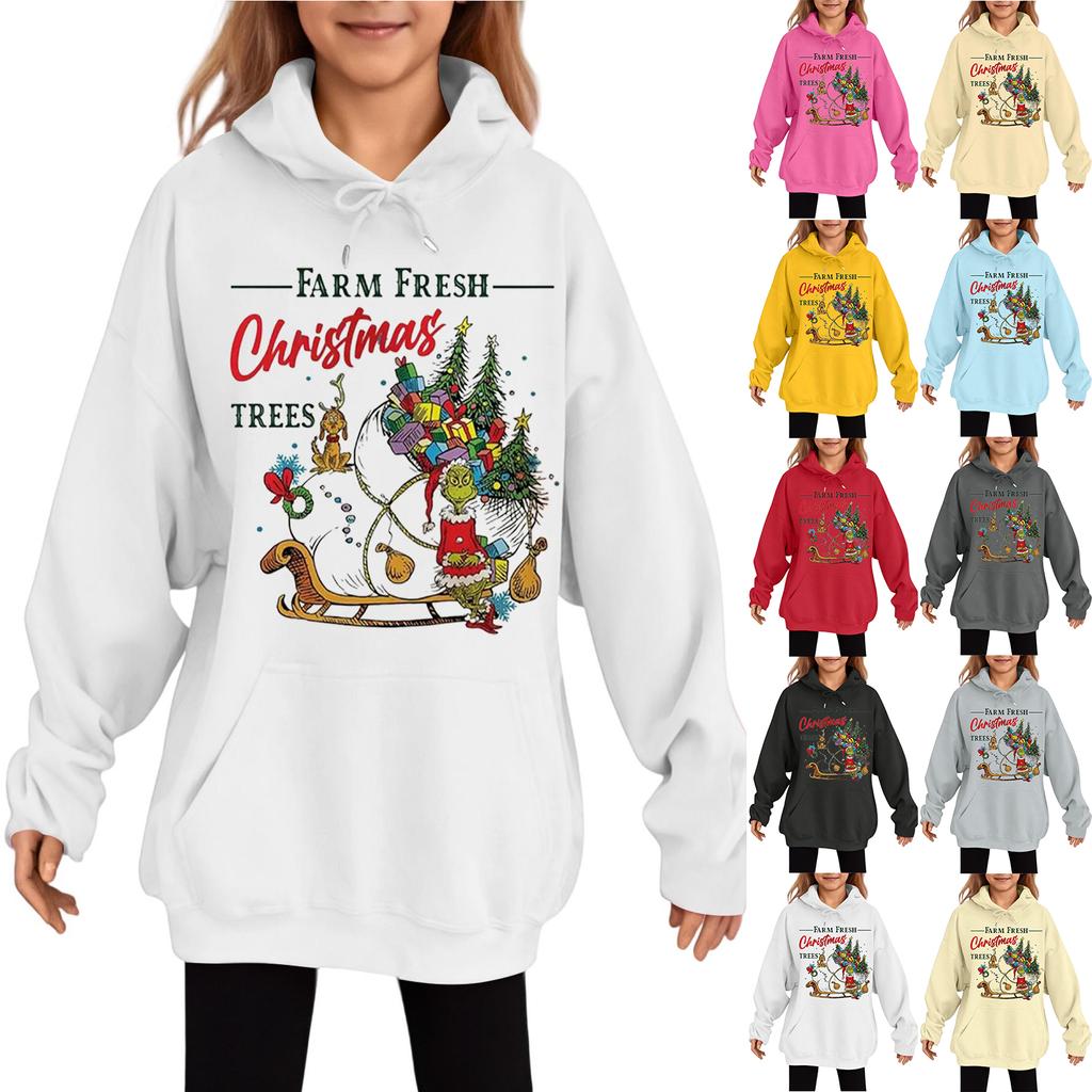 Children's Fashionable Casual Long-sleeved Loose Christmas Print Pullover Hooded Sweatshirt