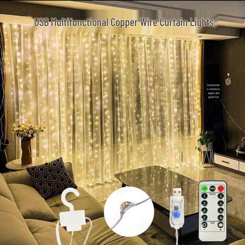Colorful LED Curtain String Lights with Hooks, 3x3m USB and Remote Control for Christmas Decorations.