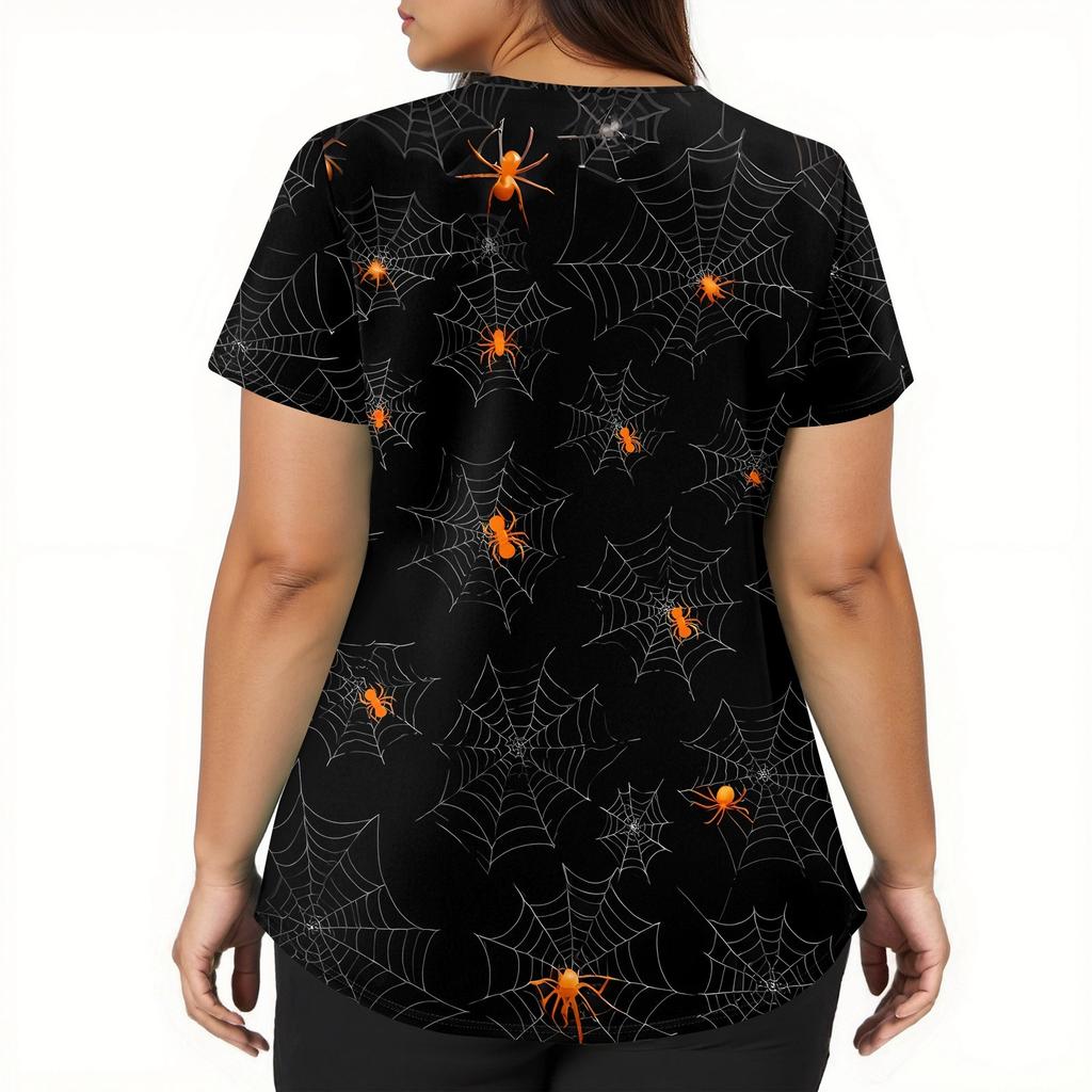 Dámské módní pracovní oděvy s krátkým rukávem a výstřihem do V s kapsami Halloweenské topy s potiskem