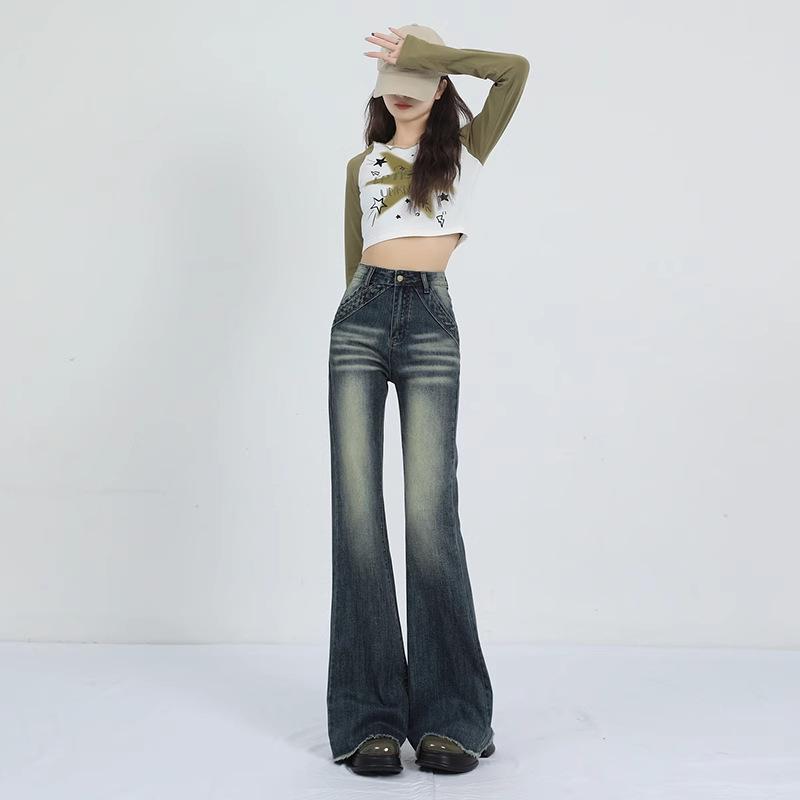 

Ретро джинсы микро-клеш с высокой посадкой и эффектом потертости для женщин - Весна и Осень 2024, Рваный низ, Длина в пол, Облегающий крой. M